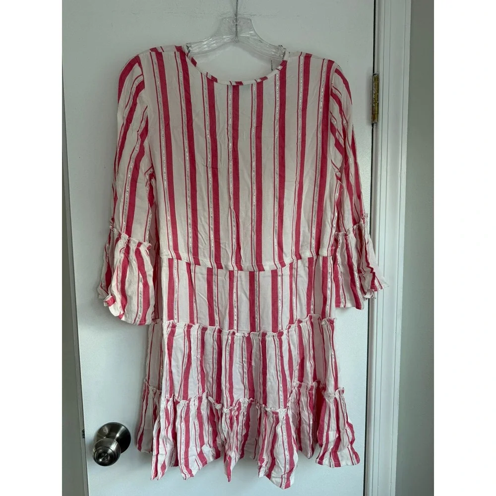 Blue Island Pink‎ White Striped Metallic Tie Front Tassel Tiered Coverup Small
